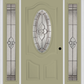MMI SMALL OVAL 2 PANEL DELUXE 6'8" FIBERGLASS SMOOTH NOUVEAU NICKEL OR NOUVEAU PATINA EXTERIOR PREHUNG DOOR WITH 2 FULL LITE NOUVEAU BRASS/NICKEL/PATINA DECORATIVE GLASS SIDELIGHTS 749