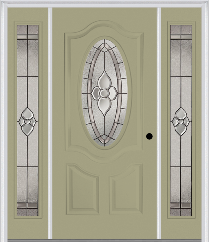 MMI SMALL OVAL 2 PANEL DELUXE 6'8" FIBERGLASS SMOOTH NOUVEAU NICKEL OR NOUVEAU PATINA EXTERIOR PREHUNG DOOR WITH 2 FULL LITE NOUVEAU BRASS/NICKEL/PATINA DECORATIVE GLASS SIDELIGHTS 749