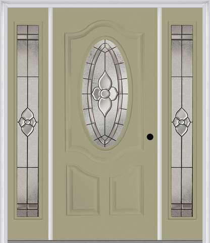 MMI SMALL OVAL 2 PANEL DELUXE 6'8" FIBERGLASS SMOOTH NOUVEAU NICKEL OR NOUVEAU PATINA EXTERIOR PREHUNG DOOR WITH 2 FULL LITE NOUVEAU BRASS/NICKEL/PATINA DECORATIVE GLASS SIDELIGHTS 749