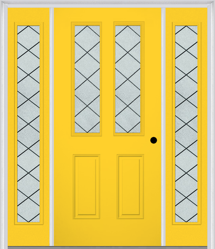 MMI 2-1/2 Lite 2 Panel 6'8" Fiberglass Smooth Harris Patina Exterior Prehung Door With 2 Full Lite Harris Patina Decorative Glass Sidelights 692