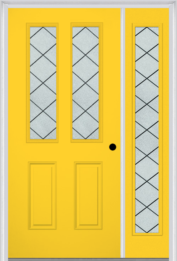 MMI 2-1/2 Lite 2 Panel 6'8" Fiberglass Smooth Harris Patina Exterior Prehung Door With 1 Full Lite Harris Patina Decorative Glass Sidelight 692