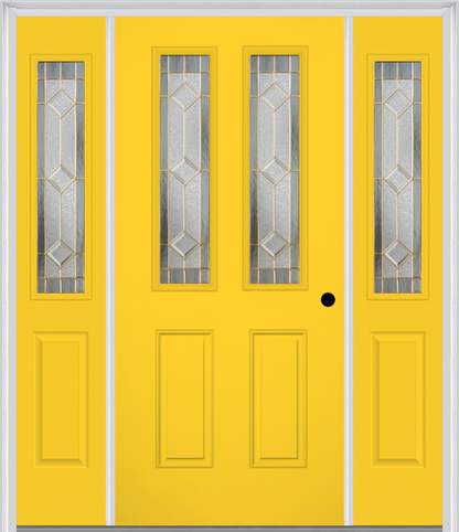 MMI 2-1/2 Lite 2 Panel 6'8" Fiberglass Smooth Majestic Brass Exterior Prehung Door With 2 Half Lite Majestic Brass Decorative Glass Sidelights 692