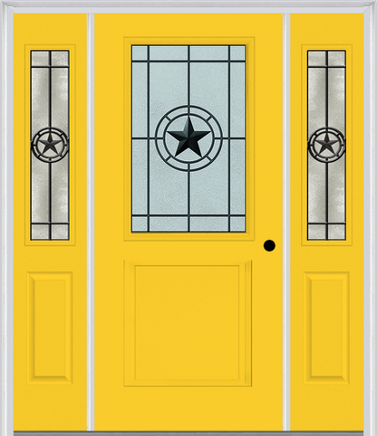 MMI 1/2 Lite 1 Panel 6'8" Fiberglass Smooth Elegant Star Wrought Iron Exterior Prehung Door With 2 Half Lite Elegant Star Wrought Iron Decorative Glass Sidelights 682