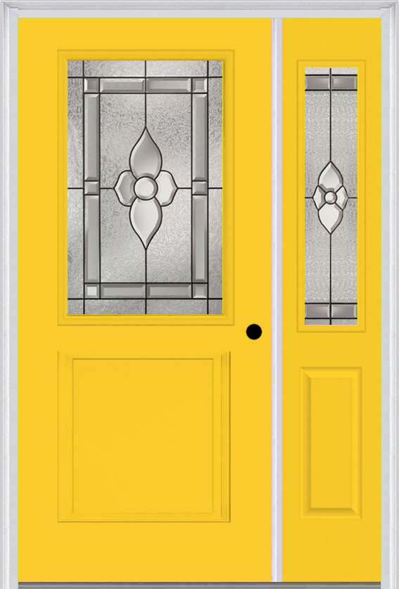 MMI 1/2 Lite 1 Panel 6'8" Fiberglass Smooth Nouveau Nickel Or Nouveau Patina Exterior Prehung Door With 1 Half Lite Nouveau Brass/Nickel/Patina Decorative Glass Sidelight 682