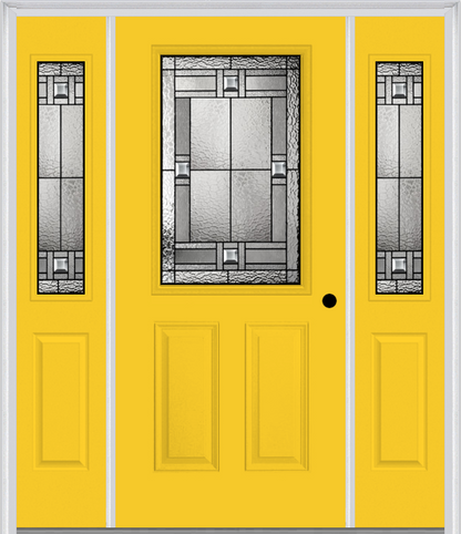 MMI 1/2 Lite 2 Panel 6'8" Fiberglass Smooth Noble Patina Exterior Prehung Door With 2 Half Lite Noble Patina Decorative Glass Sidelights 684